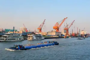 Boat in port and cargo crane