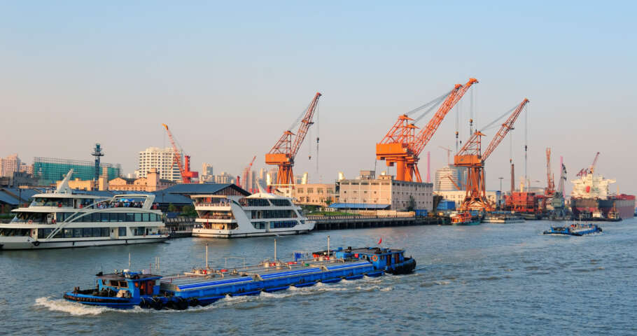 Boat in port and cargo crane